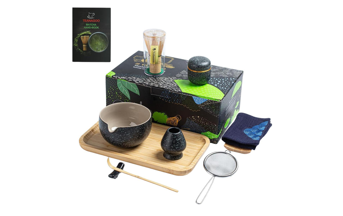 Teanagoo Matcha-Set 10-teilig, 510 ml, H 13 cm, Keramik/Bambus/Baumwolle, Schwarz