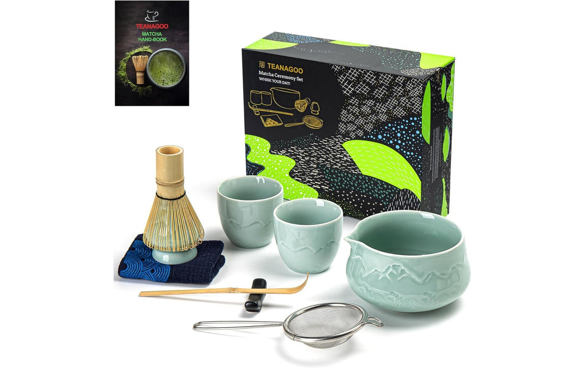 Teanagoo Matcha-Set 9-teilig, 560 ml, 10 cm, Keramik/Bambus/Baumwolle, grün