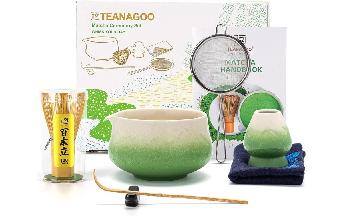 Teanagoo Teesieb, 7-teilig, 560 ml, H 10 cm, Keramik/Bambus/Baumwolle, mit Edelstahlfilter, Grün