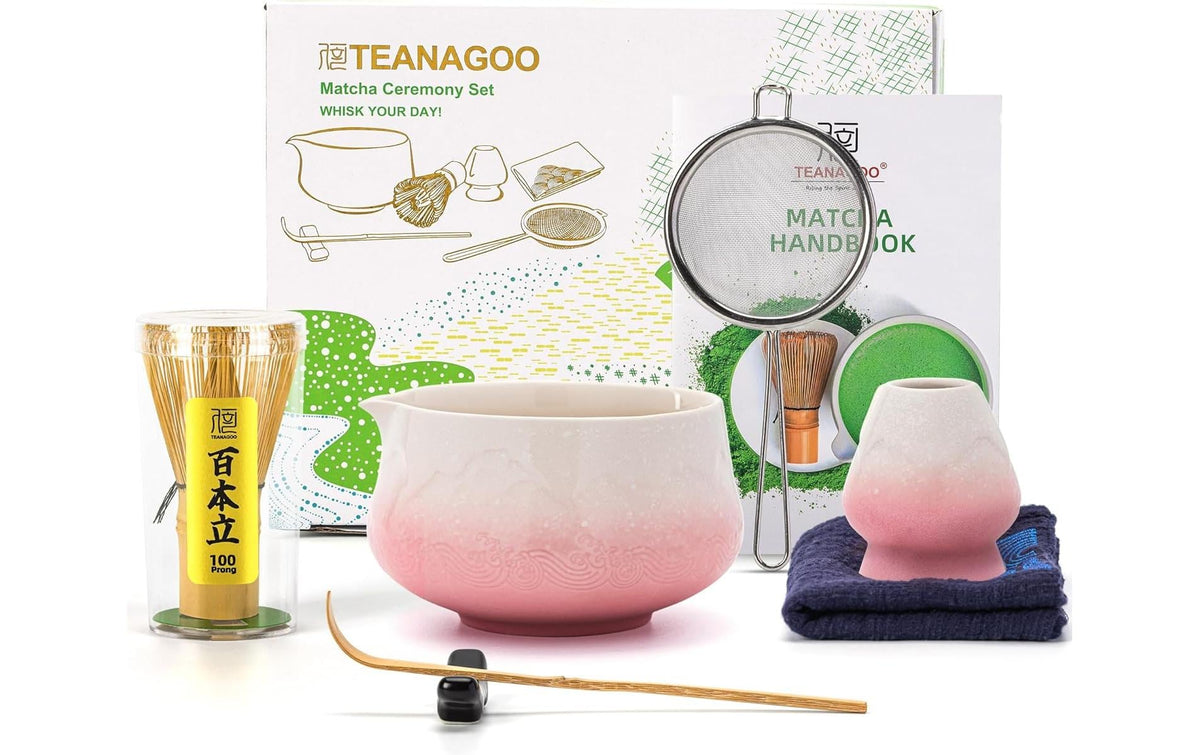 Teanagoo Matcha-Set 7-teilig, 510 ml, H 10 cm, Keramik/Bambus/Baumwolle, mit Edelstahlfilter, Rosa