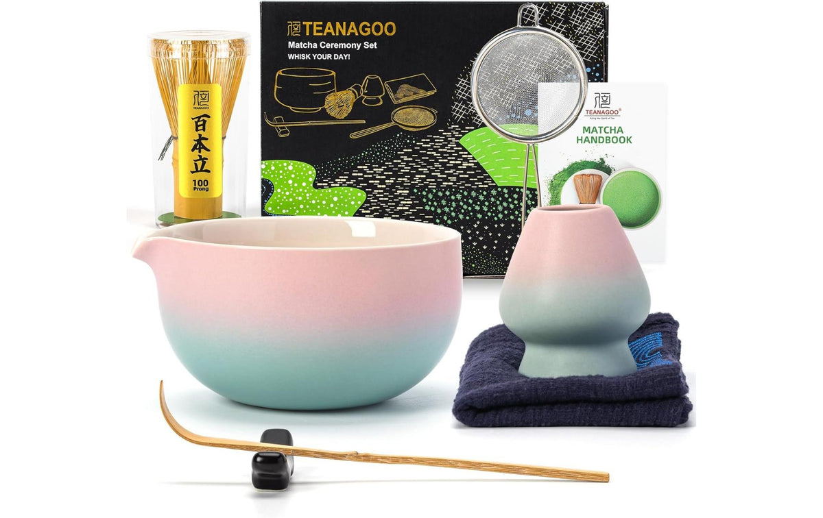 Teanagoo Teezubehör-Set, 510 ml, Keramik/Bambus, Blau/Rosa, mit Edelstahlfilter