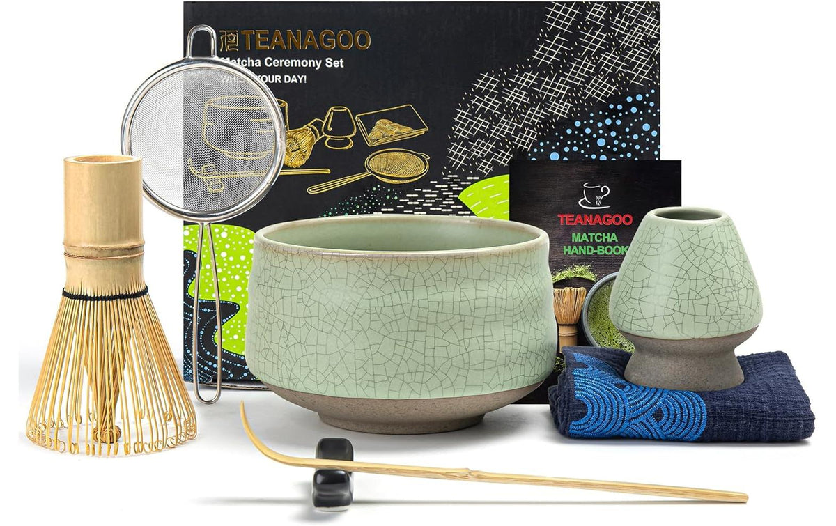 Teanagoo Matcha-Set 510 ml, 10 cm, Keramik/Bambus, mit Edelstahlfilter, Hellgrün, 7-teilig