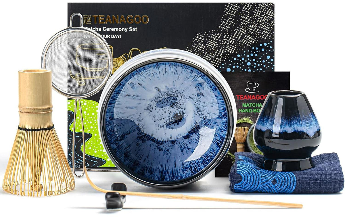Teanagoo Matcha-Set 7-teilig, 510 ml, 10 cm, Keramik/Bambus/Edelstahl/Porzellan, Dunkelblau