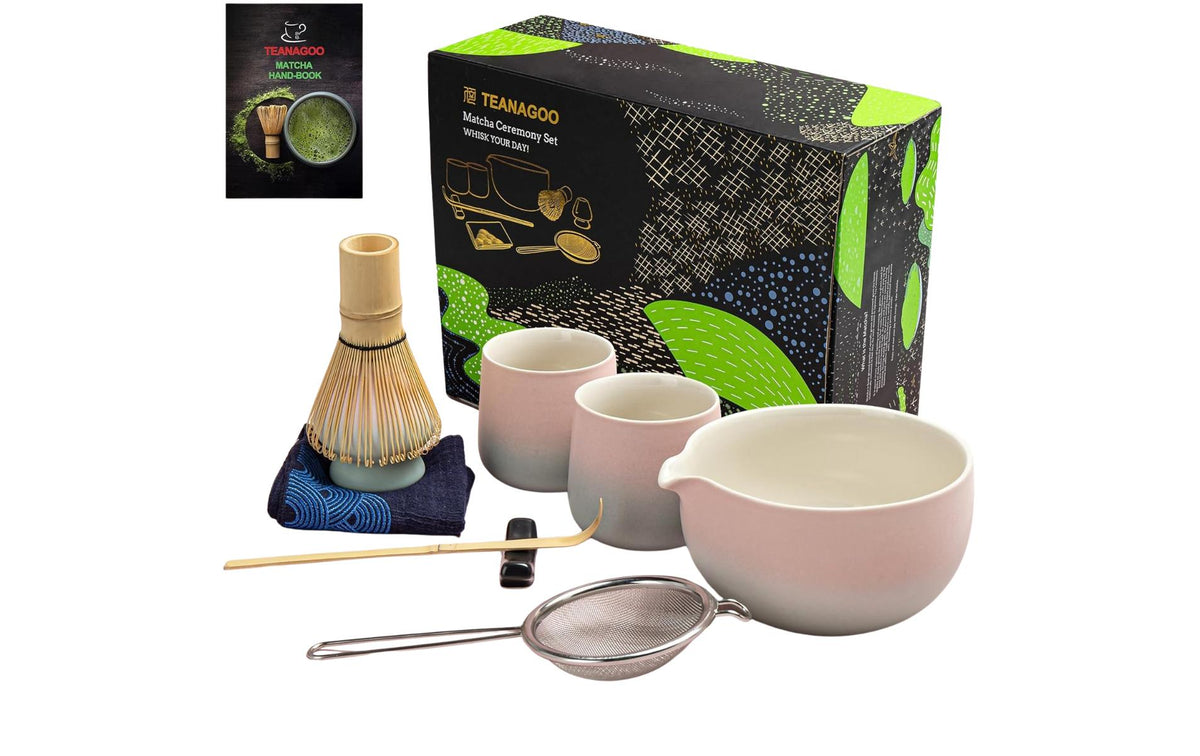 Teanagoo Matcha-Set 9-teilig, 510 ml, 10 cm, Keramik/Baumwolle/Edelstahl/Bambus, rosa/weiss, mit Edelstahlfilter