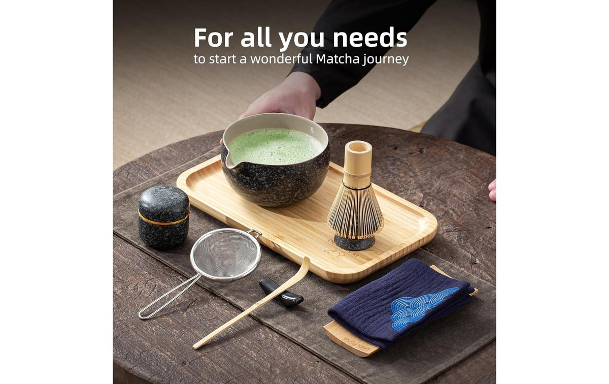 Teanagoo Matcha-Set 10-teilig, 510 ml, H 13 cm, Keramik/Bambus/Baumwolle, Schwarz