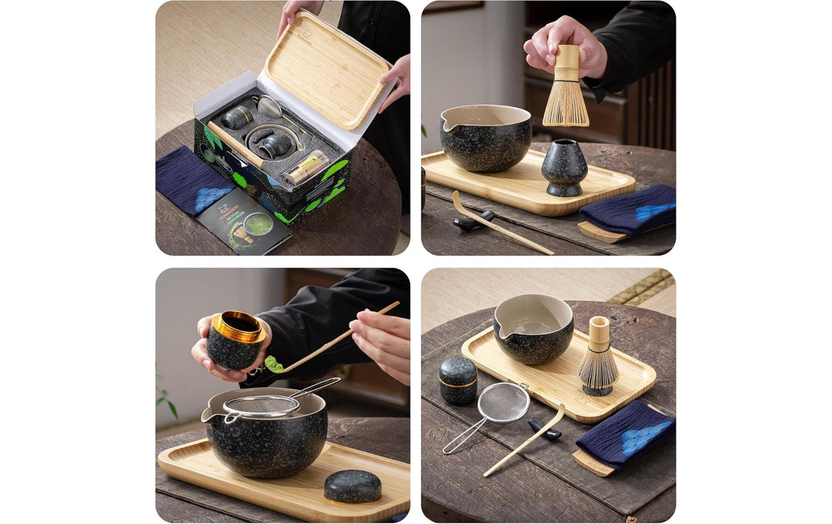 Teanagoo Matcha-Set 10-teilig, 510 ml, H 13 cm, Keramik/Bambus/Baumwolle, Schwarz