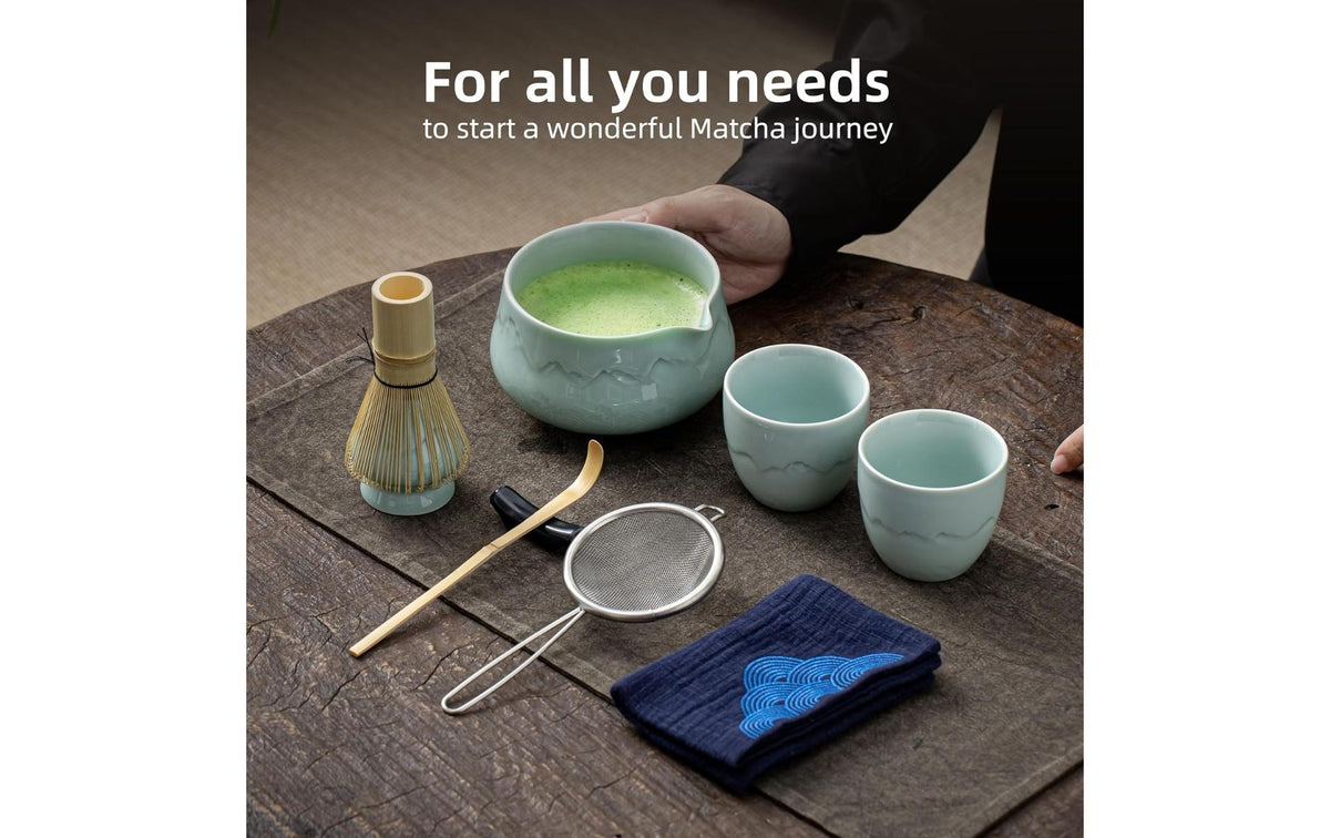 Teanagoo Matcha-Set 9-teilig, 560 ml, 10 cm, Keramik/Bambus/Baumwolle, grün