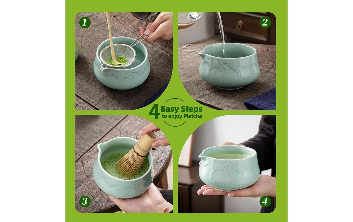 Teanagoo Matcha-Set 9-teilig, 560 ml, 10 cm, Keramik/Bambus/Baumwolle, grün