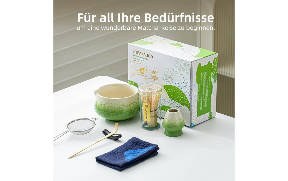 Teanagoo Teesieb, 7-teilig, 560 ml, H 10 cm, Keramik/Bambus/Baumwolle, mit Edelstahlfilter, Grün