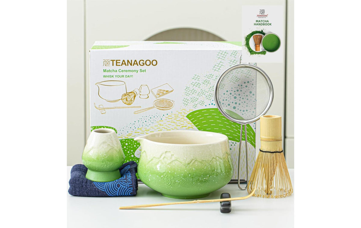 Teanagoo Teesieb, 7-teilig, 560 ml, H 10 cm, Keramik/Bambus/Baumwolle, mit Edelstahlfilter, Grün