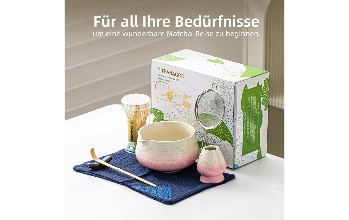 Teanagoo Matcha-Set 7-teilig, 510 ml, H 10 cm, Keramik/Bambus/Baumwolle, mit Edelstahlfilter, Rosa