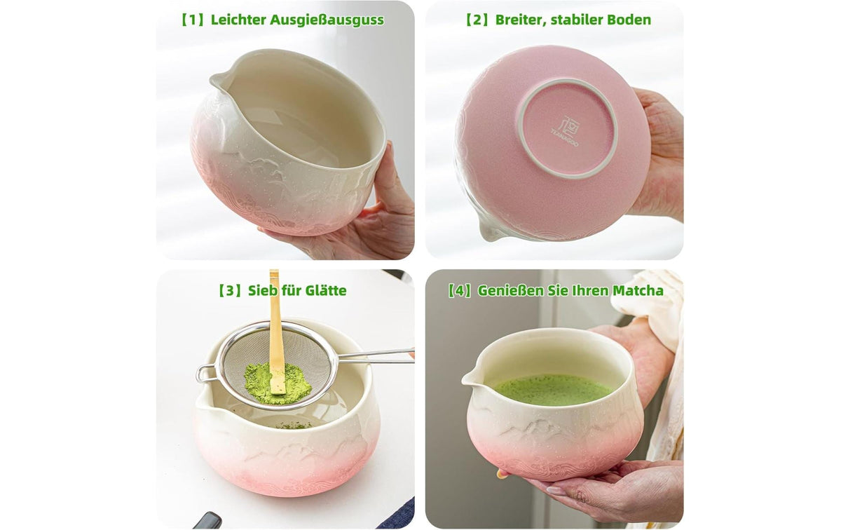 Teanagoo Matcha-Set 7-teilig, 510 ml, H 10 cm, Keramik/Bambus/Baumwolle, mit Edelstahlfilter, Rosa