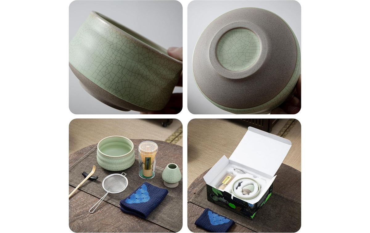Teanagoo Matcha-Set 510 ml, 10 cm, Keramik/Bambus, mit Edelstahlfilter, Hellgrün, 7-teilig