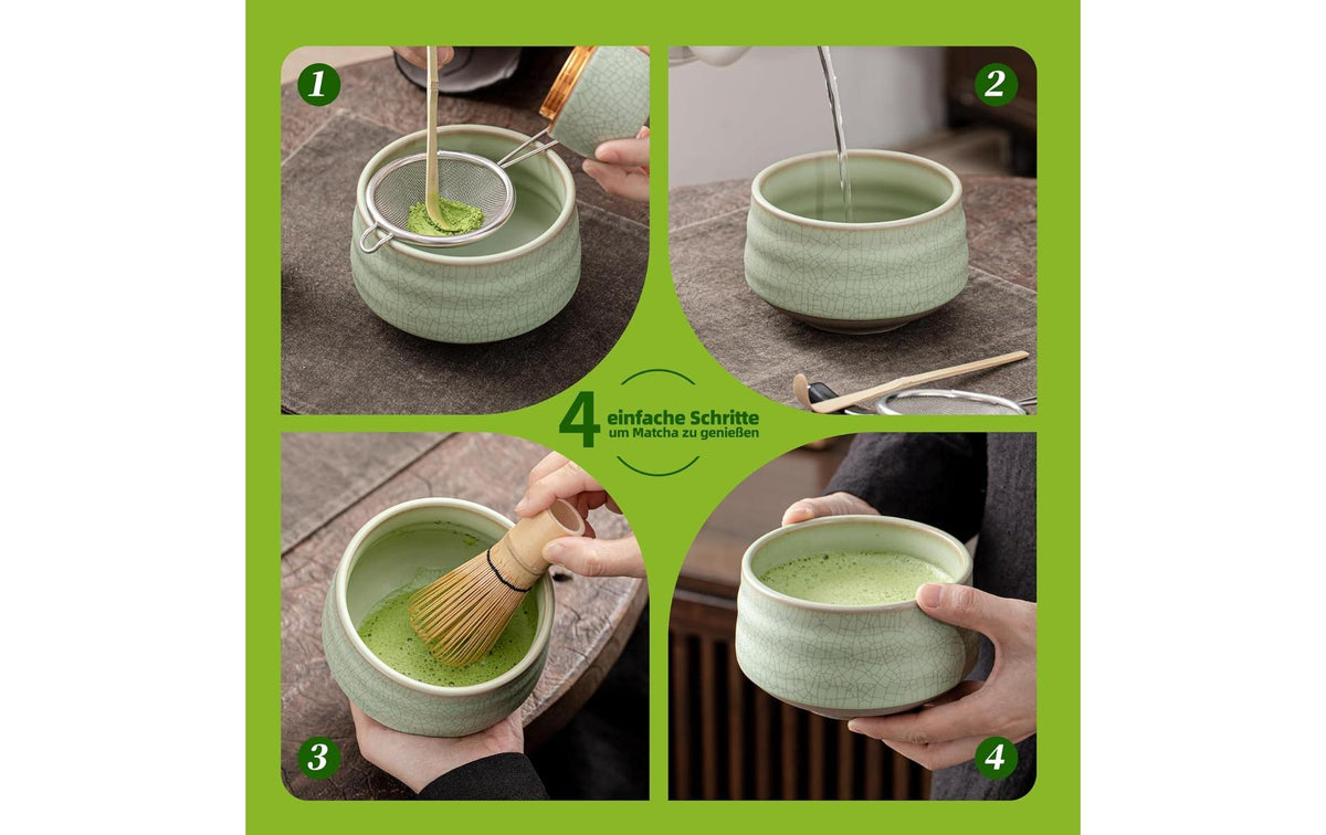 Teanagoo Matcha-Set 510 ml, 10 cm, Keramik/Bambus, mit Edelstahlfilter, Hellgrün, 7-teilig