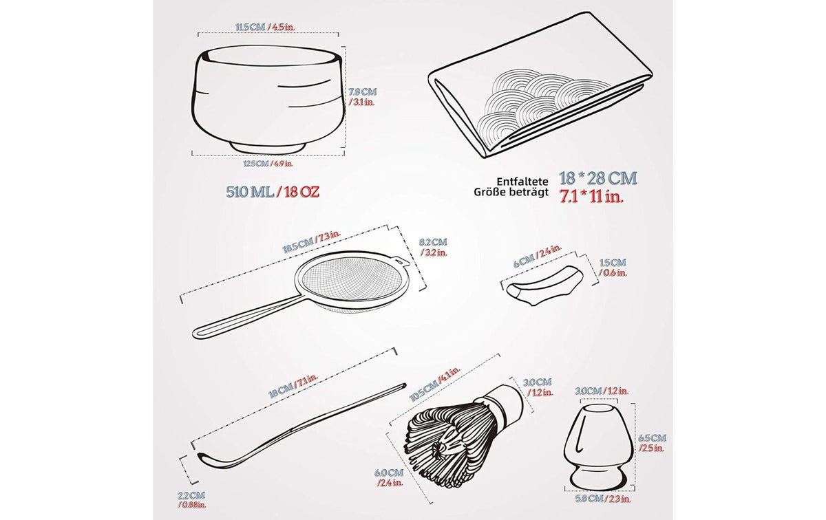 Teanagoo Matcha-Set 510 ml, 10 cm, Keramik/Bambus, mit Edelstahlfilter, Hellgrün, 7-teilig