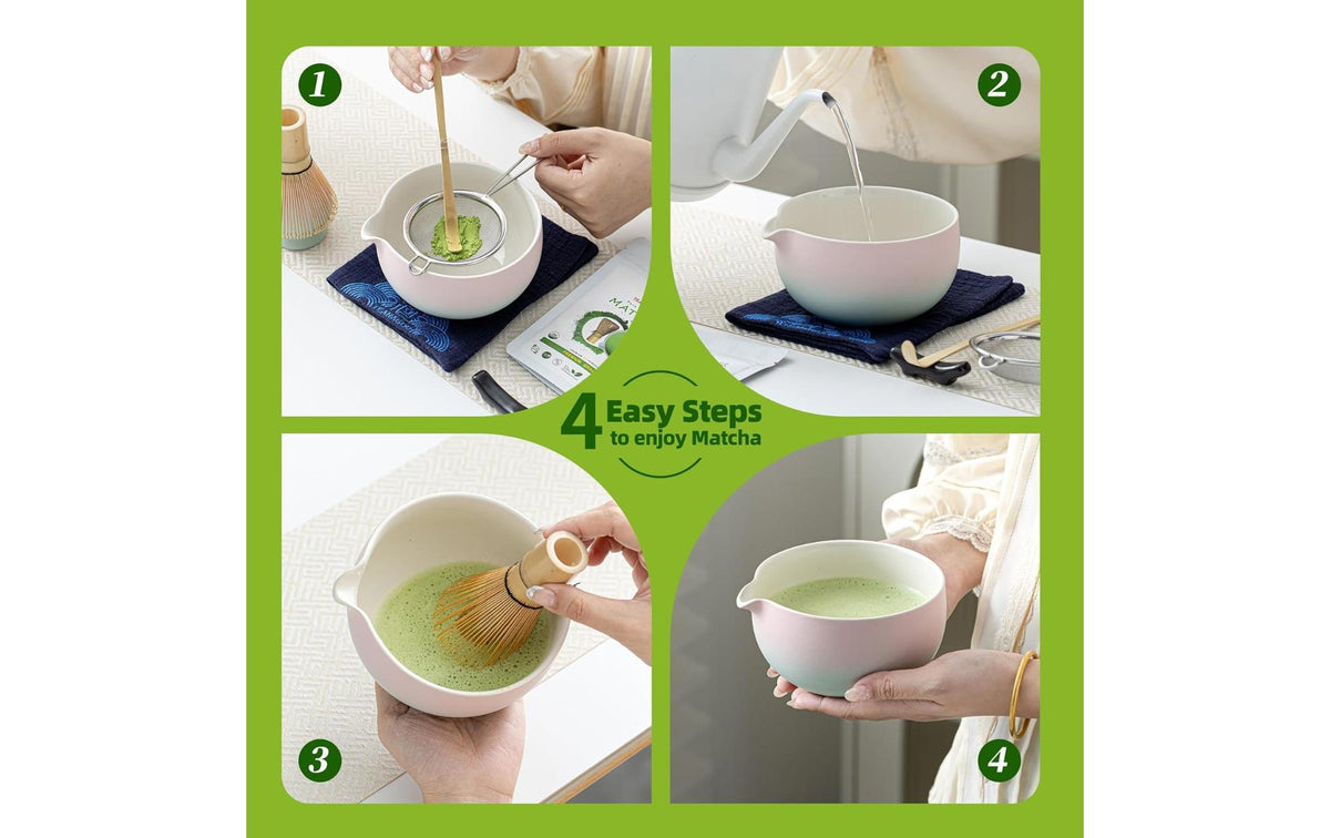 Teanagoo Matcha-Set 9-teilig, 510 ml, 10 cm, Keramik/Baumwolle/Edelstahl/Bambus, rosa/weiss, mit Edelstahlfilter
