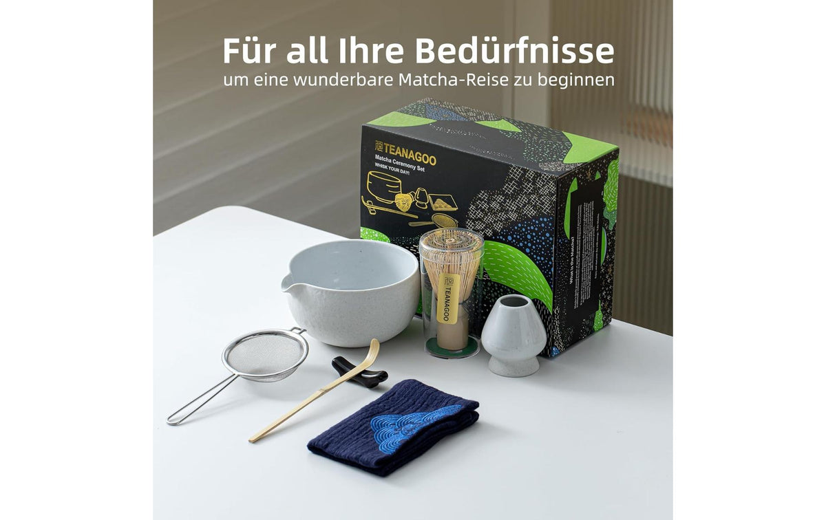 Teanagoo Matcha-Set 7-teilig, 510 ml, Keramik/Bambus/Edelstahl/Baumwolle, Hellgrau