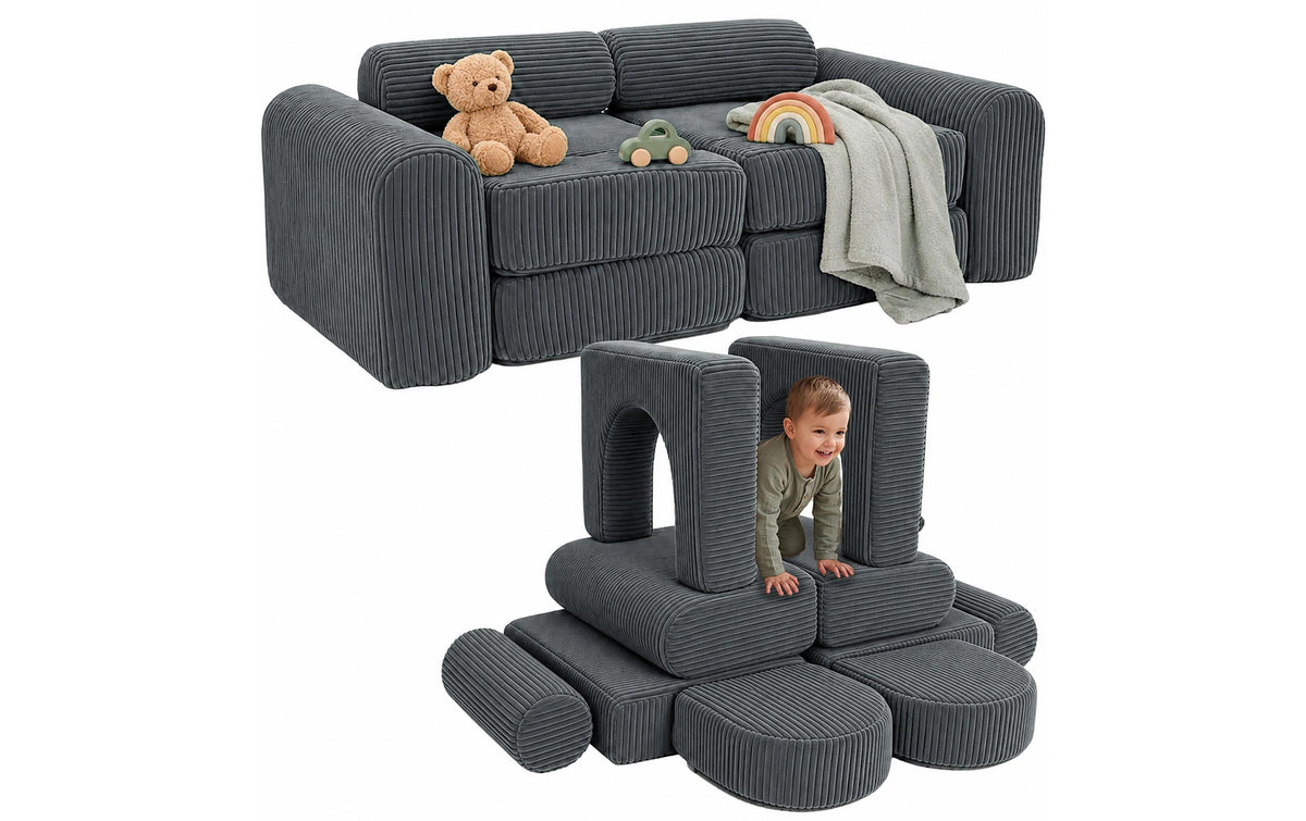 Relaxdays Beistelltisch Modulares Spielsofa – 108 × 50 × 32 cm – Kunststoff & Polyester – Grau – mit 10 Teilen