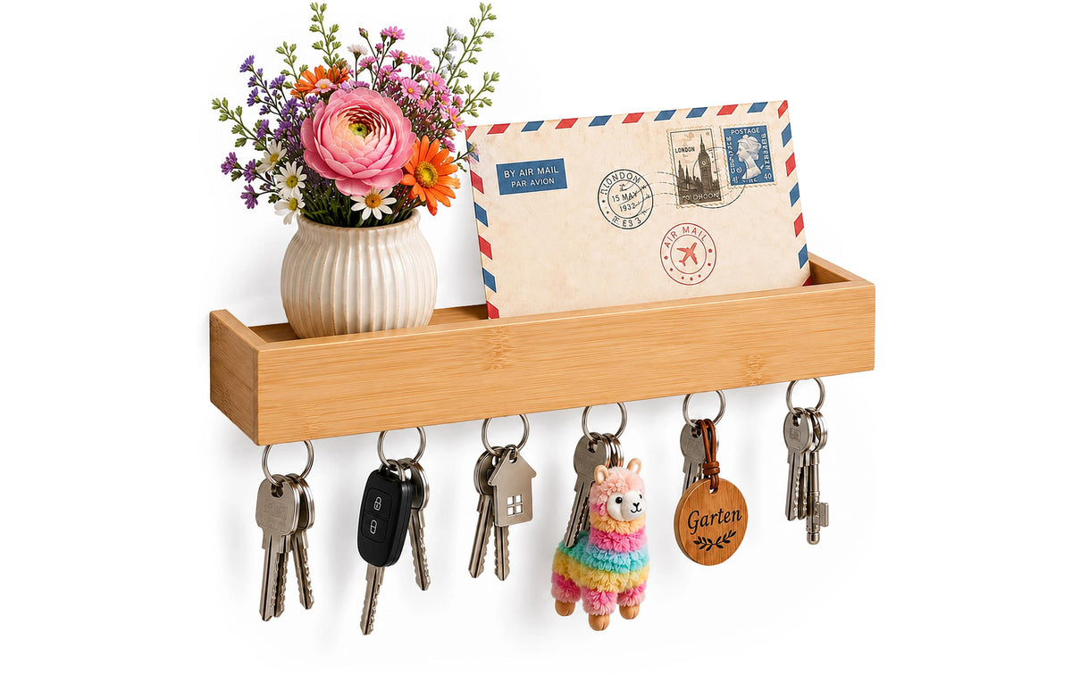 Relaxdays Wandgarderobe – 6 Haken, Bambus/Stahl, Braun, 26 × 7 × 5 cm