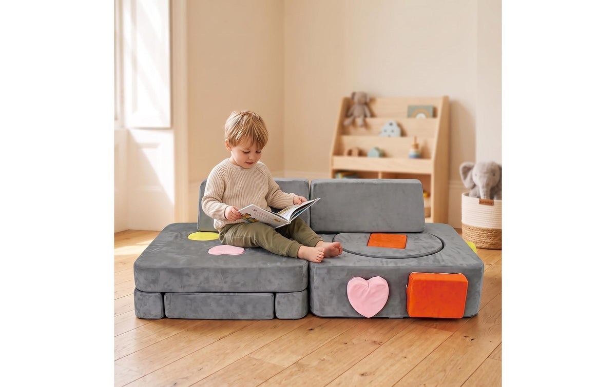 Relaxdays Beistelltisch – 130 × 65 × 40 cm – Kunststoff & Polyester – Blau/Grau/Orange