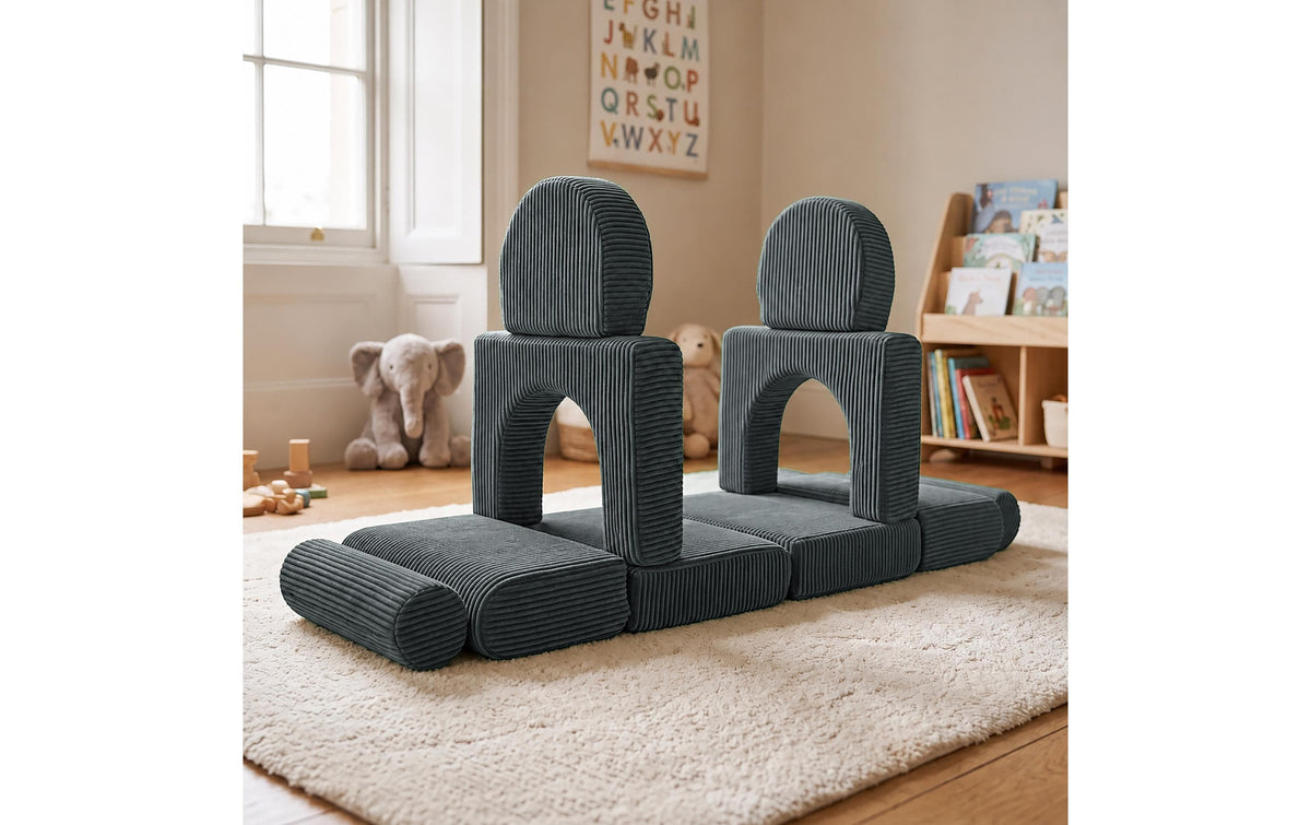 Relaxdays Beistelltisch Modulares Spielsofa – 108 × 50 × 32 cm – Kunststoff & Polyester – Grau – mit 10 Teilen