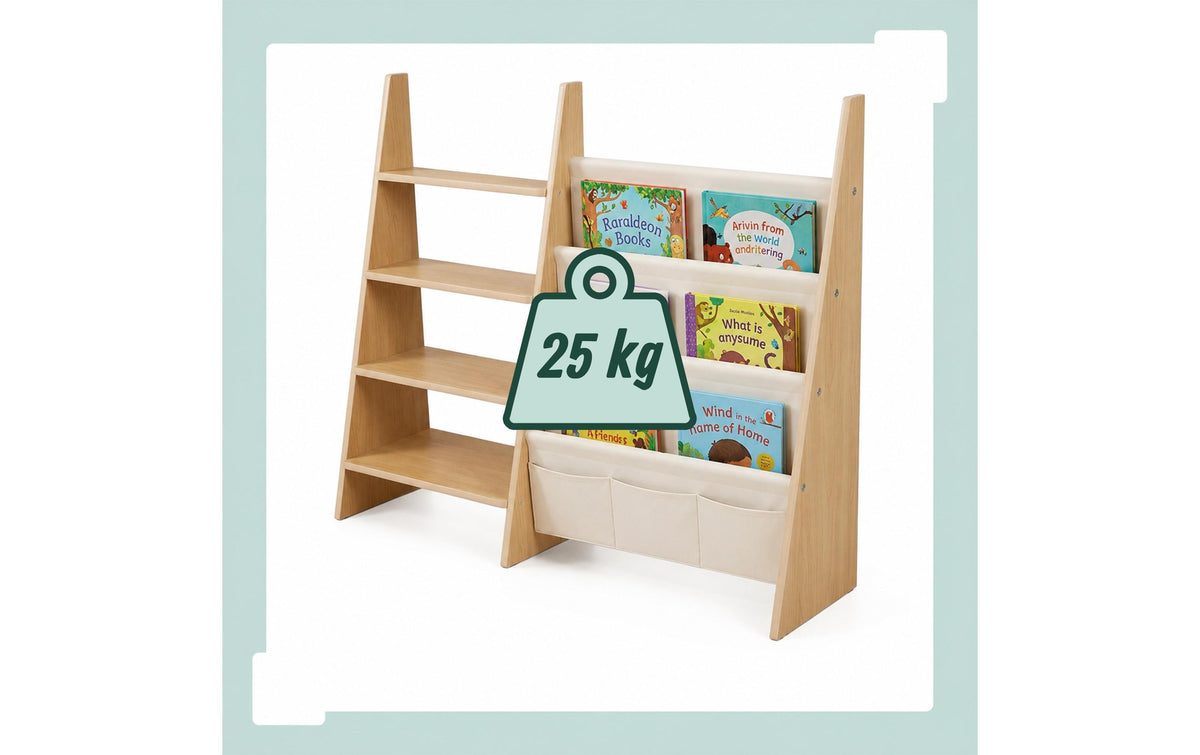 Relaxdays Kinder-Bücherregal – 4 Böden – 92,5 × 23 × 75 cm – Hellbraun/Weiss – MDF, Polyester, Stahl