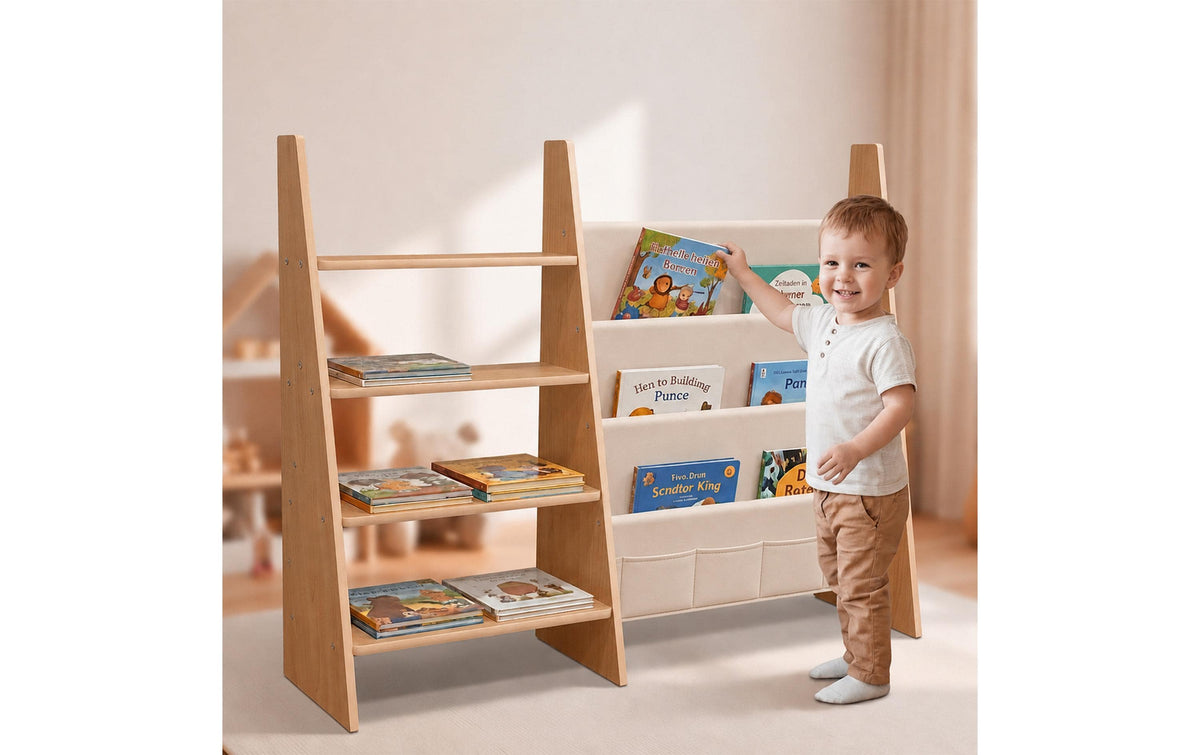 Relaxdays Kinder-Bücherregal – 4 Böden – 92,5 × 23 × 75 cm – Hellbraun/Weiss – MDF, Polyester, Stahl