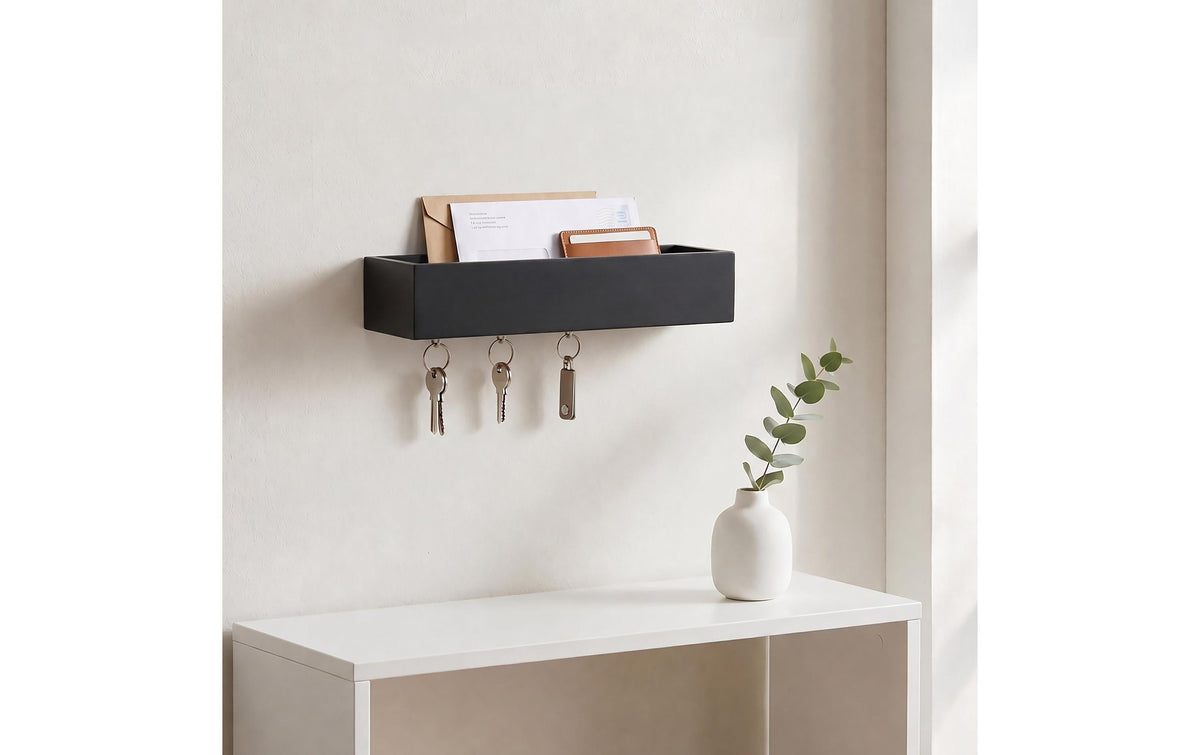 Relaxdays Schlüsselleiste, 6 Haken, Bambus/Metall, Schwarz, 260 × 70 × 50 mm