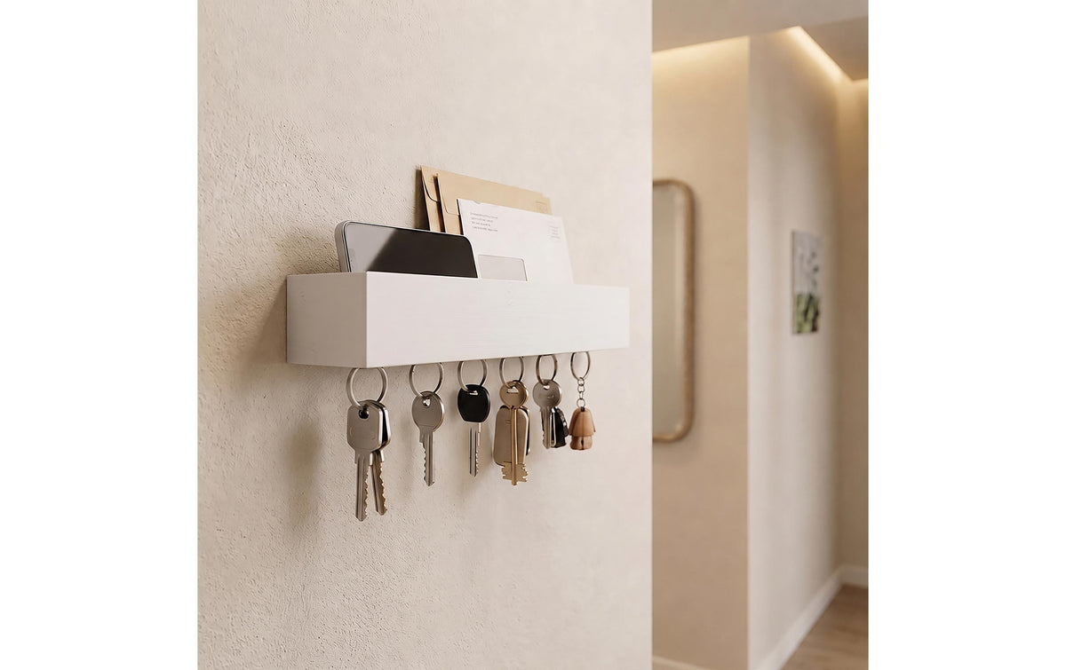Relaxdays Wandgarderobe mit 6 Haken – Bambus/Metall – weiss – 260 × 50 × 70 mm