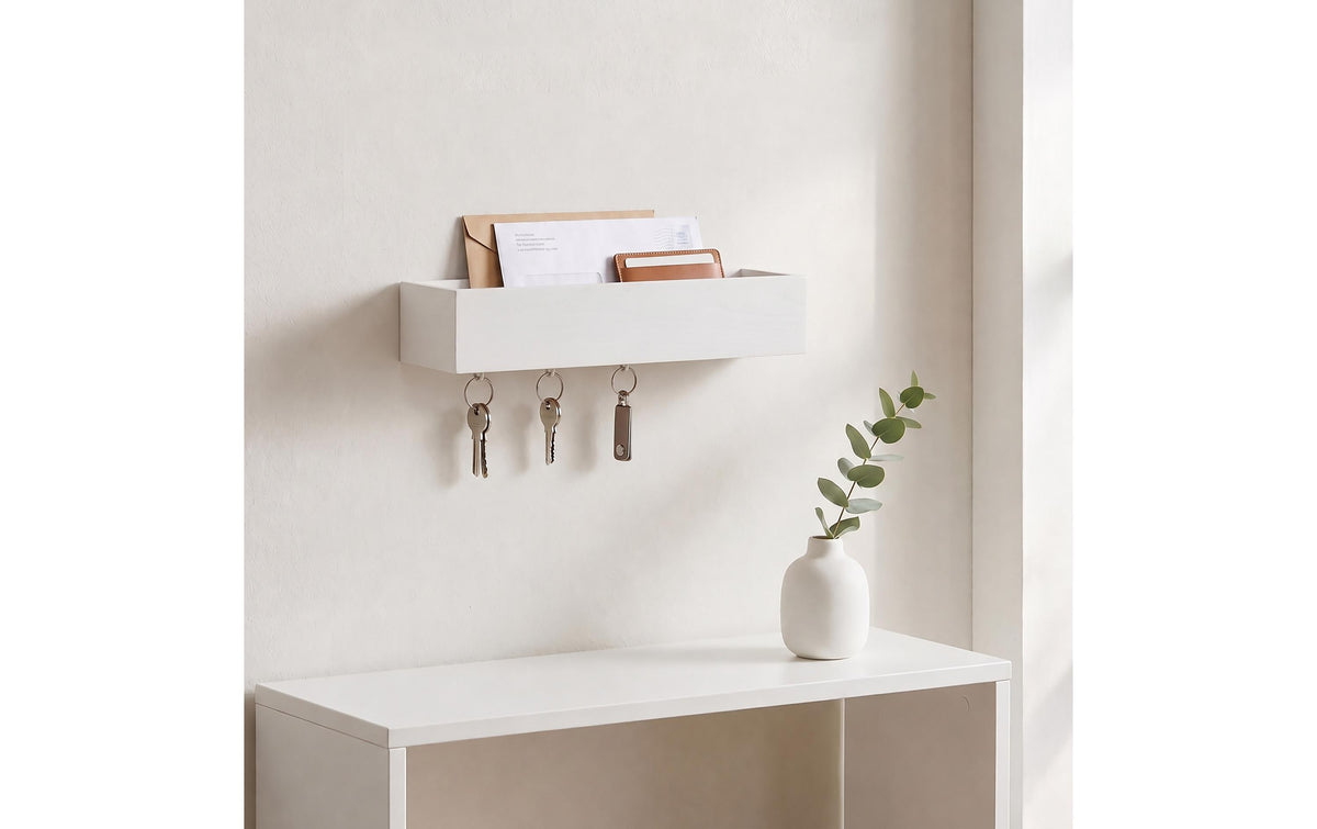 Relaxdays Wandgarderobe mit 6 Haken – Bambus/Metall – weiss – 260 × 50 × 70 mm