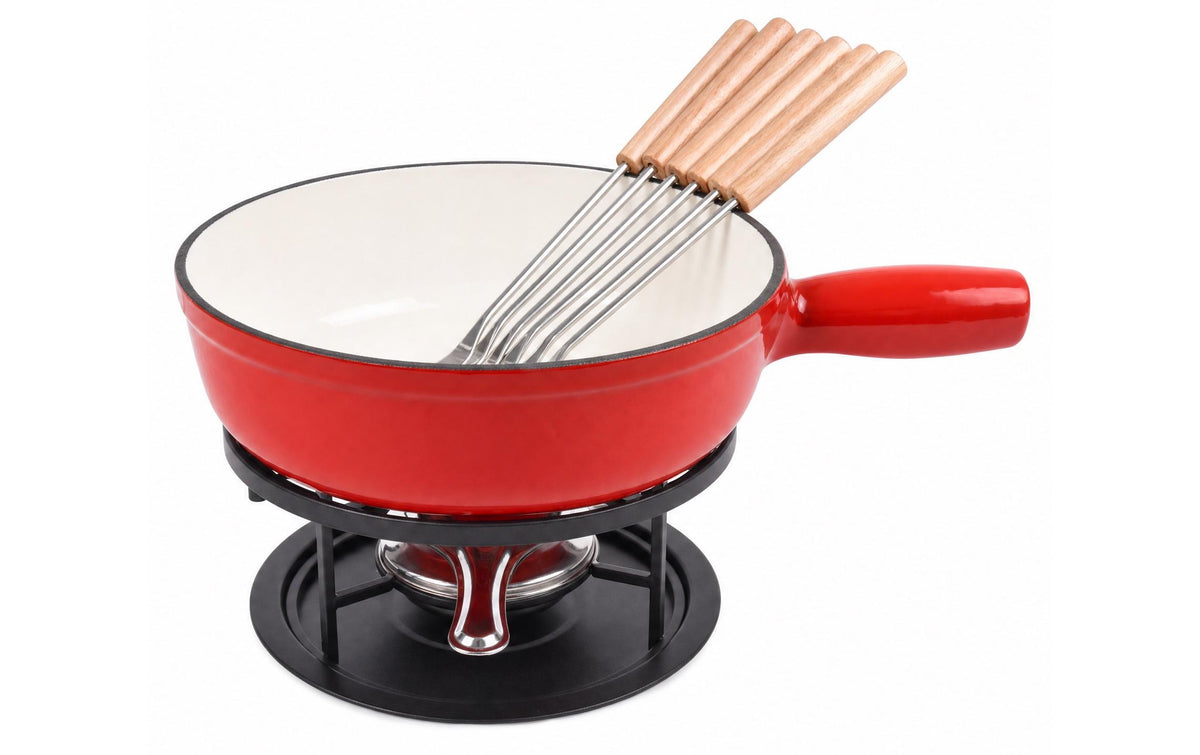 Cocon Fondue-Set bc – Gusseisen, 2,7 l, 6 Gabeln, Pastenbrenner – rot