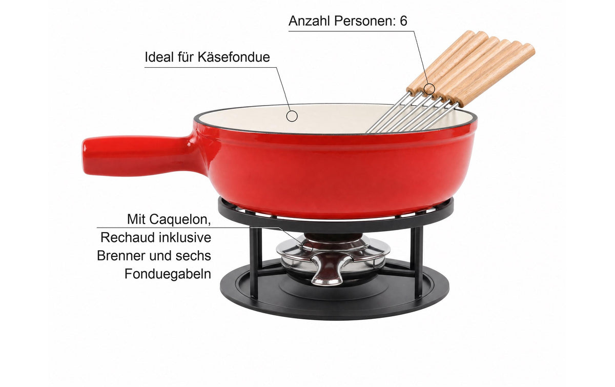 Cocon Fondue-Set bc – Gusseisen, 2,7 l, 6 Gabeln, Pastenbrenner – rot