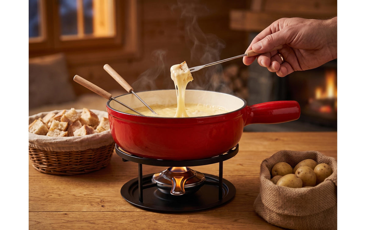 Cocon Fondue-Set bc – Gusseisen, 2,7 l, 6 Gabeln, Pastenbrenner – rot