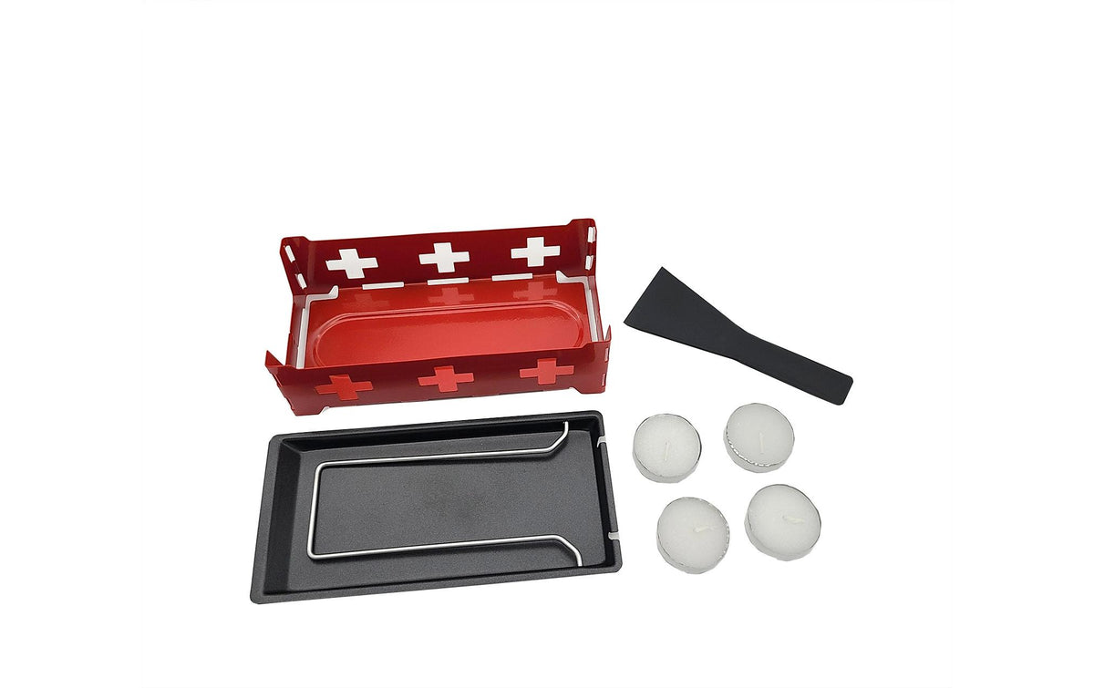Ohmex Mini-Raclette – 4 Teelichter, Antihaftbeschichtet, Metall – Rot/Schwarz