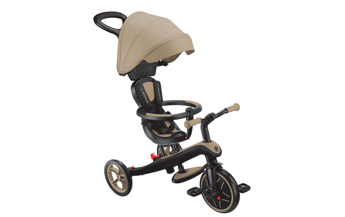 Globber Explorer Trike 4in1 – mit Schiebestange, Gurt, Fussstütze – ab 10 Monaten – TPR – beige