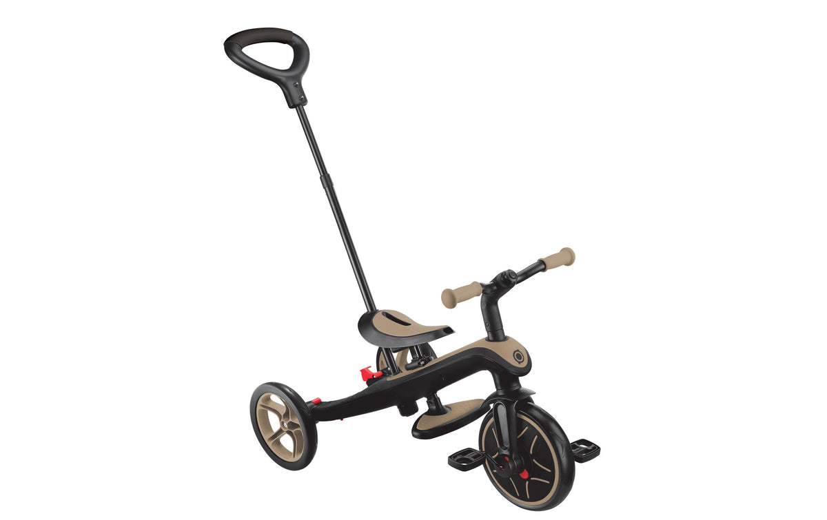 Globber Explorer Trike 4in1 – mit Schiebestange, Gurt, Fussstütze – ab 10 Monaten – TPR – beige
