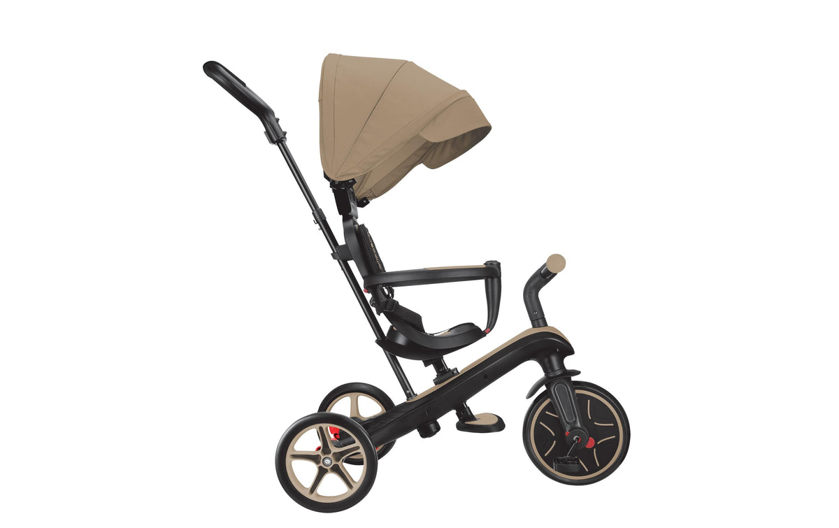 Globber Explorer Trike 4in1 – mit Schiebestange, Gurt, Fussstütze – ab 10 Monaten – TPR – beige