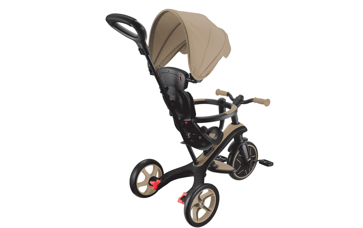 Globber Explorer Trike 4in1 – mit Schiebestange, Gurt, Fussstütze – ab 10 Monaten – TPR – beige