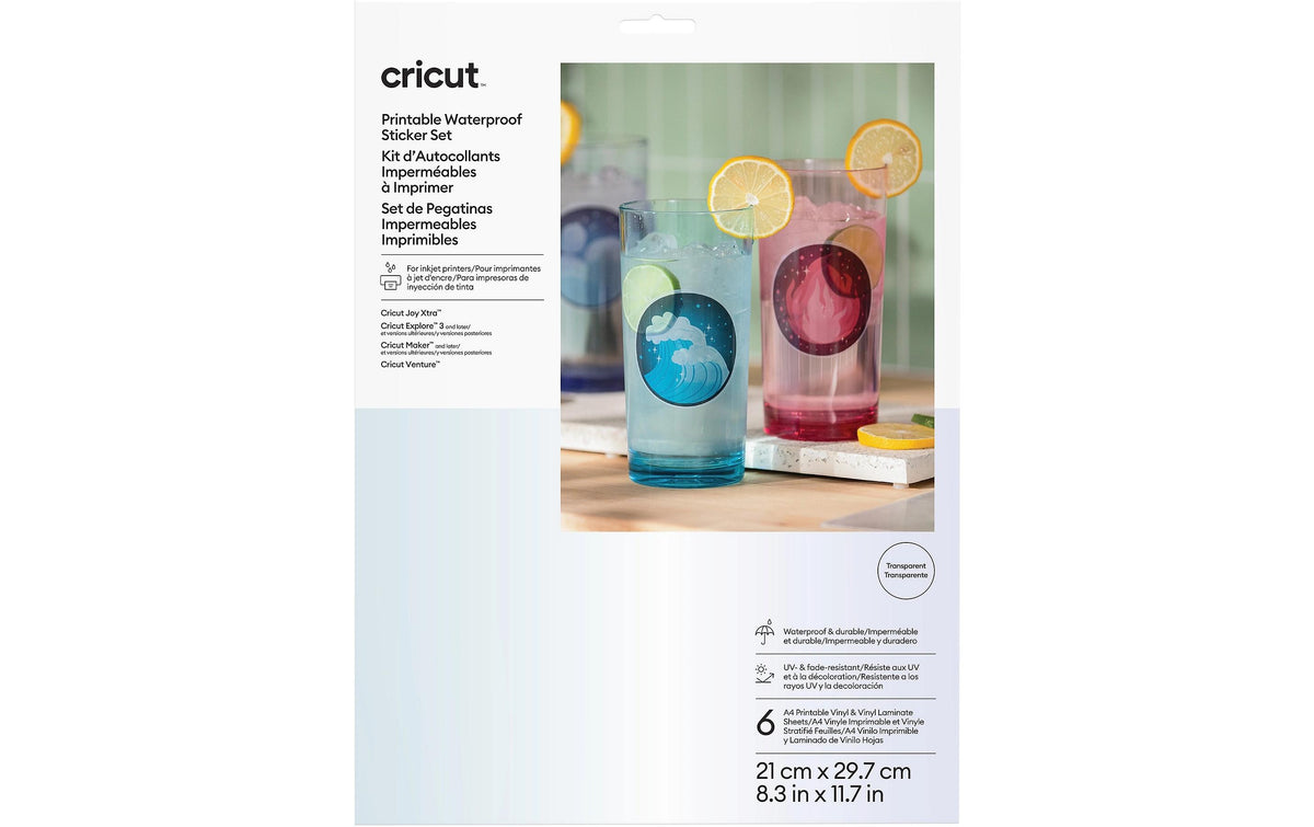 Cricut JOY Xtra – Stickerpapier A4 – Folie, Transparent – Inkjet – 6 Blätter – Wasserfest, UV-beständig
