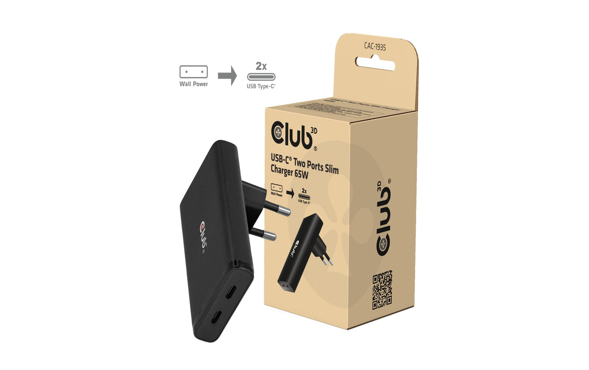 CLUB3D Club 3D CAC-1935 USB-Wandladegerät 65 W – USB-C×2 – PD 3.1, PPS, GaN – für USB-C-Geräte – schwarz