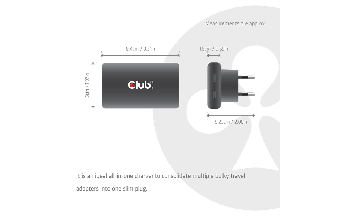CLUB3D Club 3D CAC-1935 USB-Wandladegerät 65 W – USB-C×2 – PD 3.1, PPS, GaN – für USB-C-Geräte – schwarz