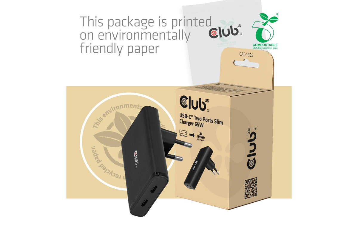 CLUB3D Club 3D CAC-1935 USB-Wandladegerät 65 W – USB-C×2 – PD 3.1, PPS, GaN – für USB-C-Geräte – schwarz