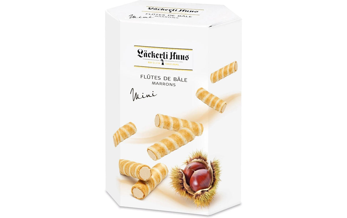 Läckerli huus Basler Flöten Mini Waffelgebäck – Maroni – 155 g