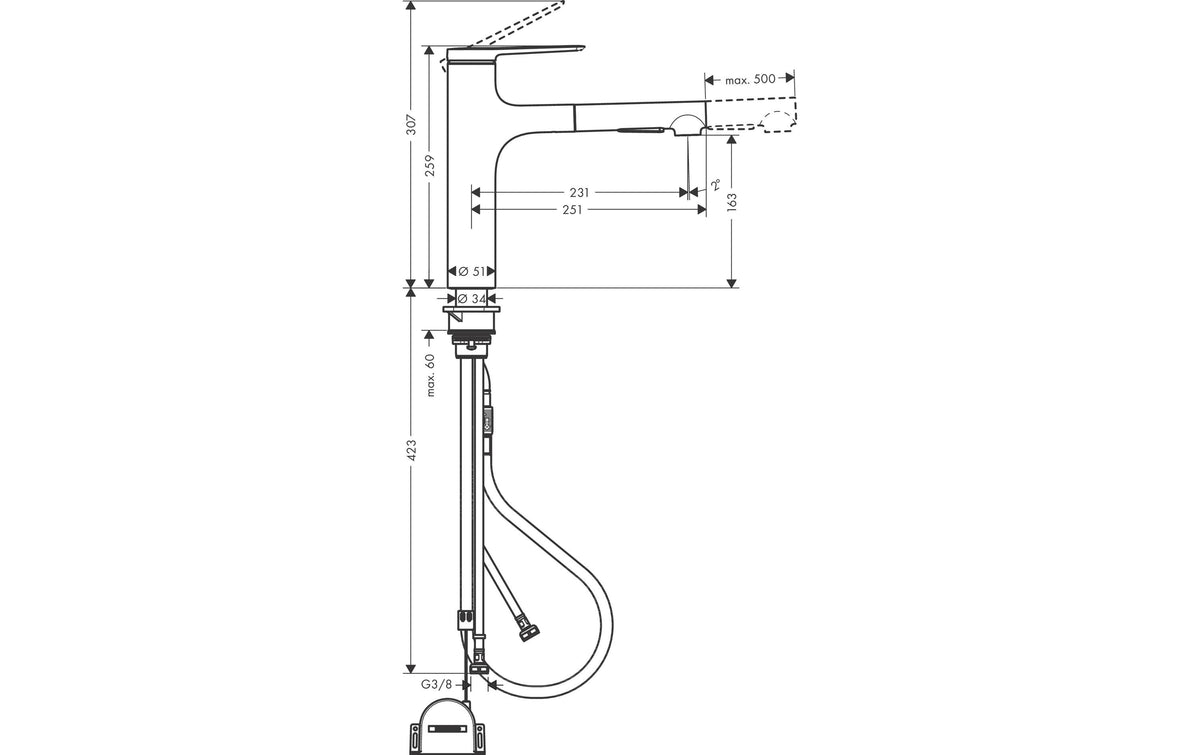 Hansgrohe Zesis M33 – Einhebel-Küchenmischer, 5,1 × 23,1 × 25,9 cm, Edelstahl/Messing, mit Ausziehbrause