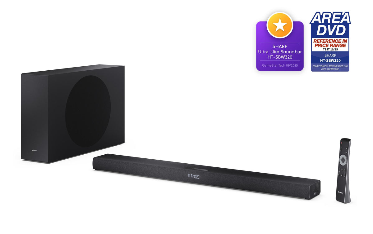 Sharp HT-SBW320 – Soundbar – 2.1, Dolby Atmos/DTS Virtual:X, mit kabellosem Subwoofer, 360 W – Schwarz