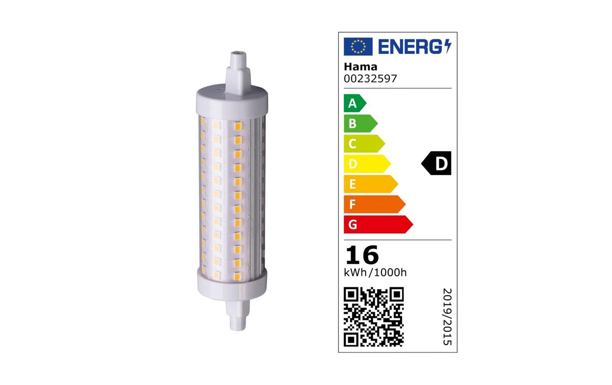 Hama LED-Leuchtmittel R7s Stabform – Warmweiss 2700 K, 2452 lm, 16 W – IP20 – 1 Stk. – Transparent