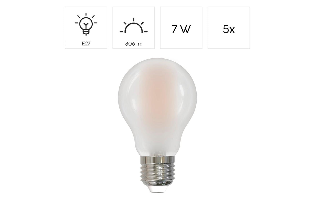 Hama LED-Leuchtmittel E27 A60 – 806 lm, 7 W, Warmweiss 2700 K – 5 Stk., Glas, matt