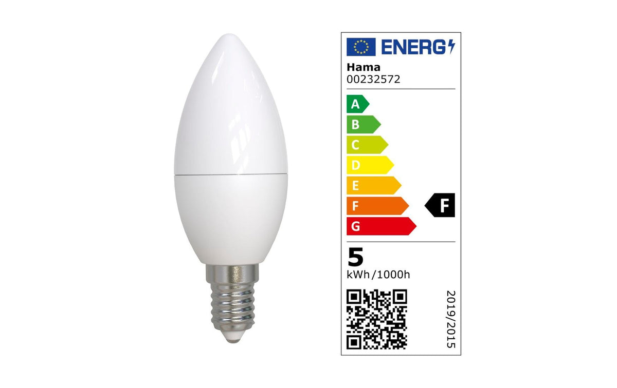 Hama LED-Leuchtmittel E14 Kerze C37 – Warmweiss 2700 K, 470 lm, 4,9 W – 5 Stk., Weiss, matt