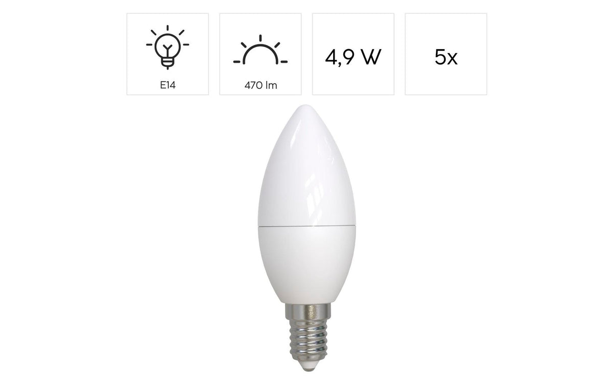 Hama LED-Leuchtmittel E14 Kerze C37 – Warmweiss 2700 K, 470 lm, 4,9 W – 5 Stk., Weiss, matt
