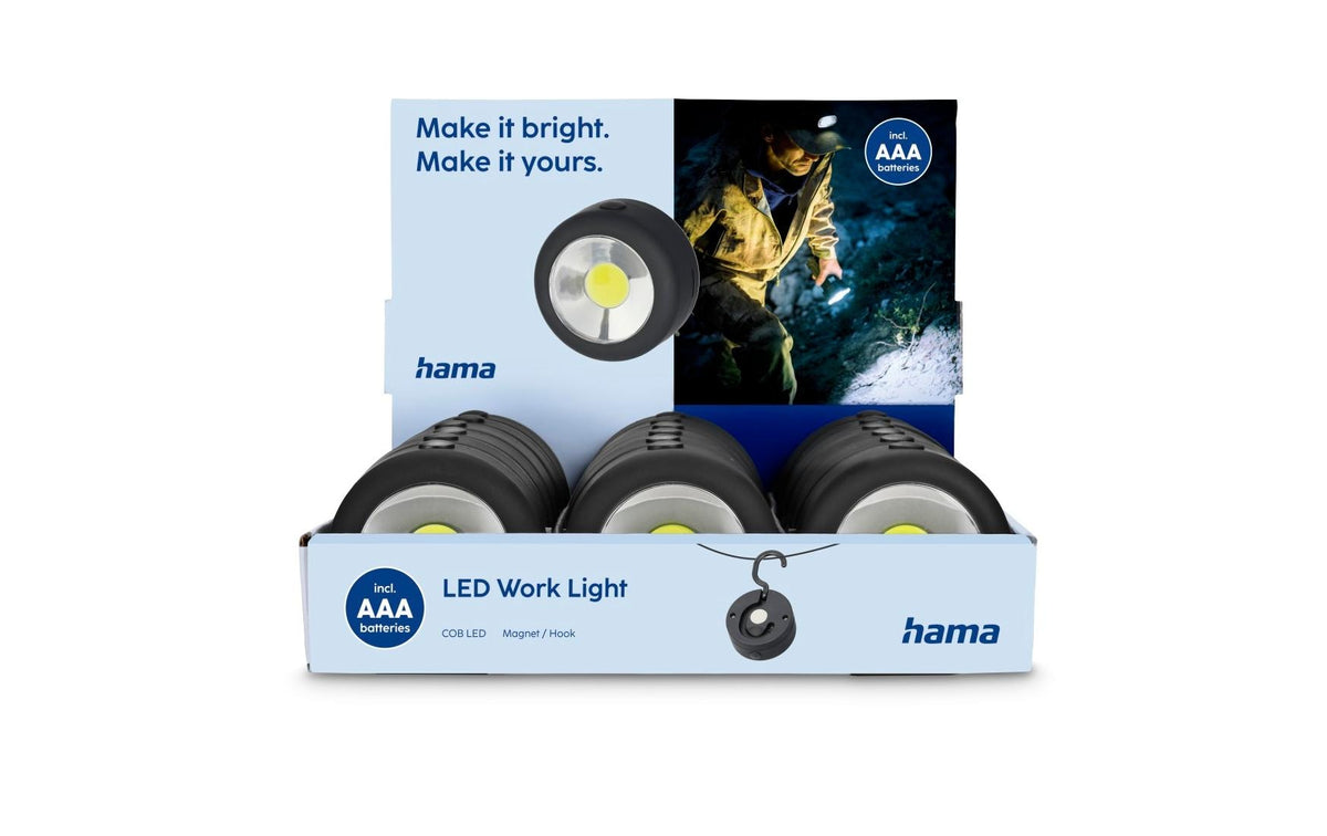 Hama Taschenlampe W140 – 140 lm, COB LED, 3× AAA, Magnet & Haken – Schwarz